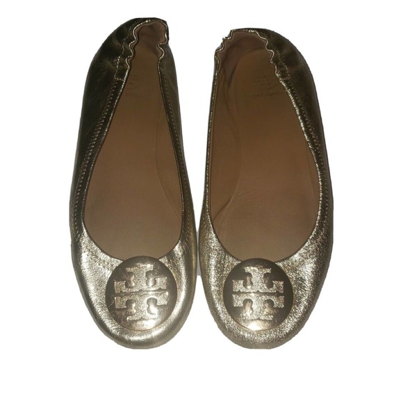 Tory Burch Minnie Spark‎ Gold Metallic Leather Travel Ballet Flats Size 7.5M - Picture 1 of 12